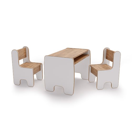 table pour enfants Timi et deux chaises MDF couleur blanc / chêne craft doré