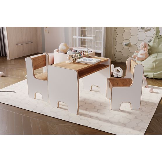 table pour enfants Timi et deux chaises MDF couleur blanc / chêne craft doré