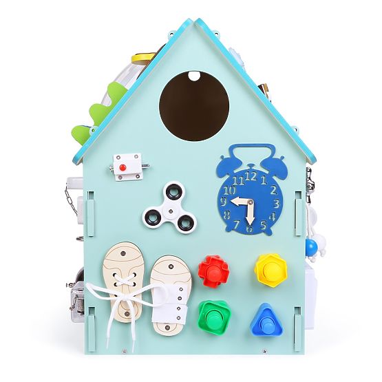 Tableau d'activités en bois en forme de maison - bleu