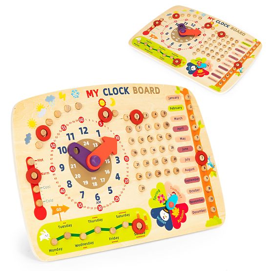 Tableau de manipulation en bois pour enfants calendrier horloge ECOTOYS