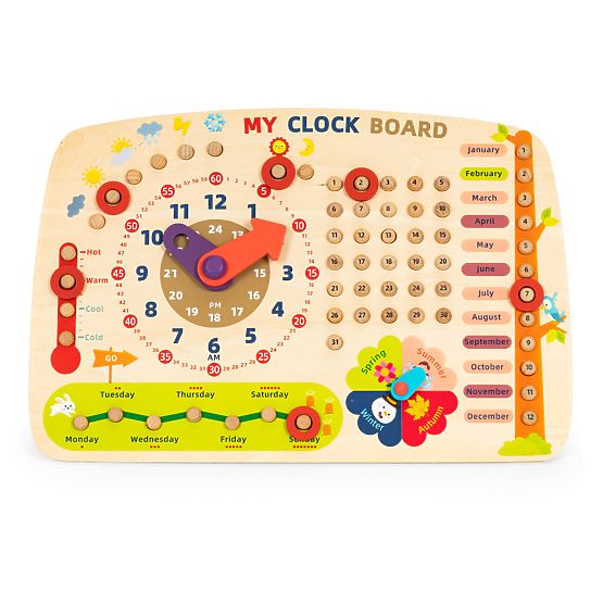 Tableau de manipulation en bois pour enfants calendrier horloge ECOTOYS