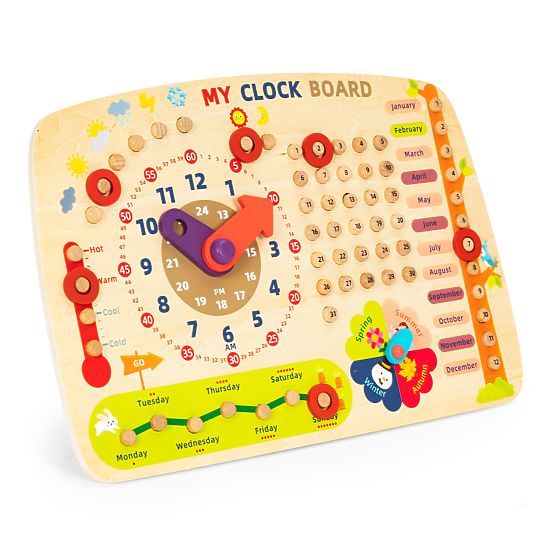 Tableau de manipulation en bois pour enfants calendrier horloge ECOTOYS