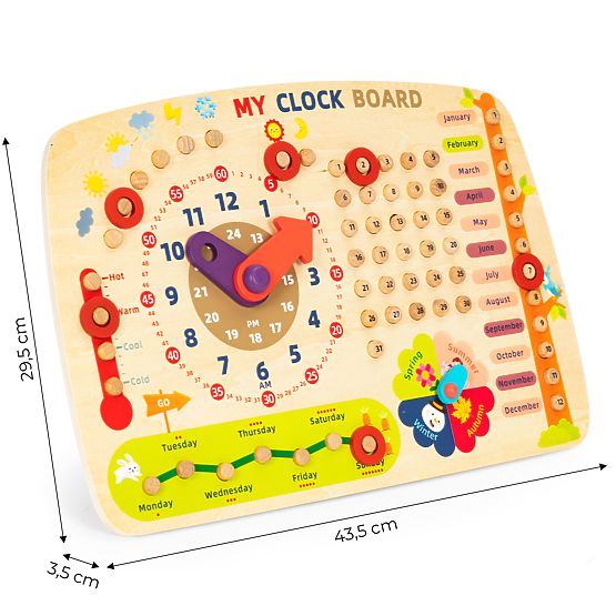 Tableau de manipulation en bois pour enfants calendrier horloge ECOTOYS