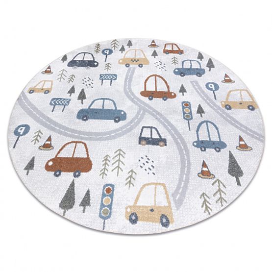 Tapis BONO 8436 rond Voitures, rues crème / gris clair
