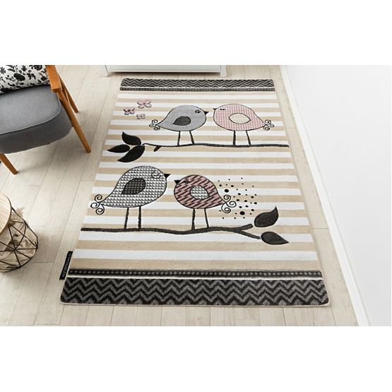 Tapis enfant PETIT - Oiseaux - beige-blanc