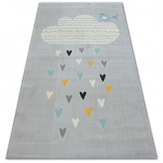 Tapis PASTEL 18409/652 - Nuage cœur OISEAU Gris CRÈME turquoise