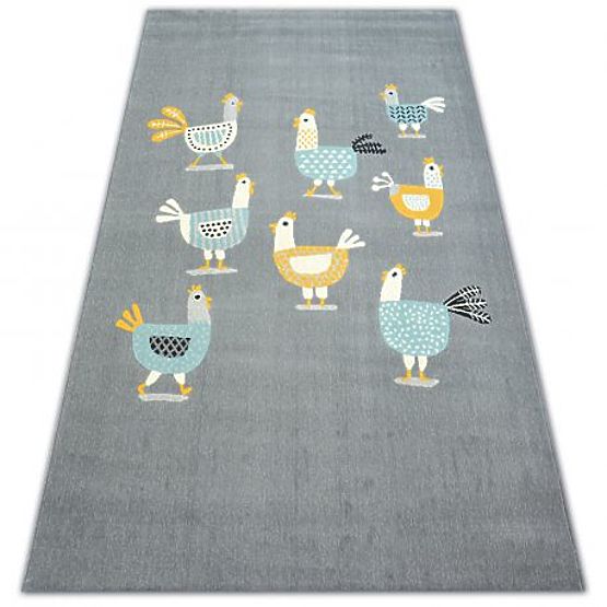 Tapis PASTEL 18413/072 - Poules Coqs Gris Turquoise