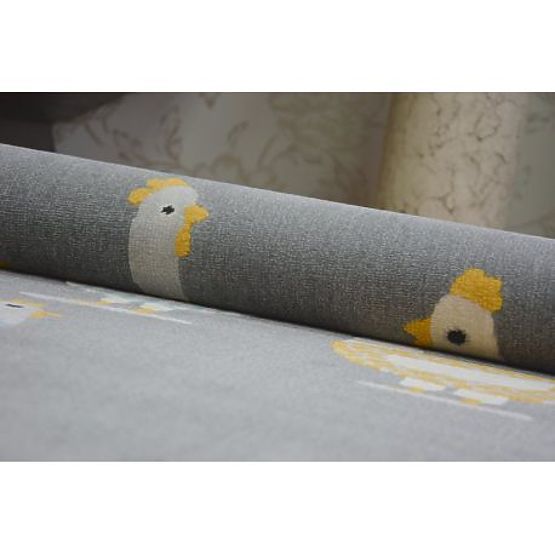Tapis PASTEL 18413/072 - Poules Coqs Gris Turquoise