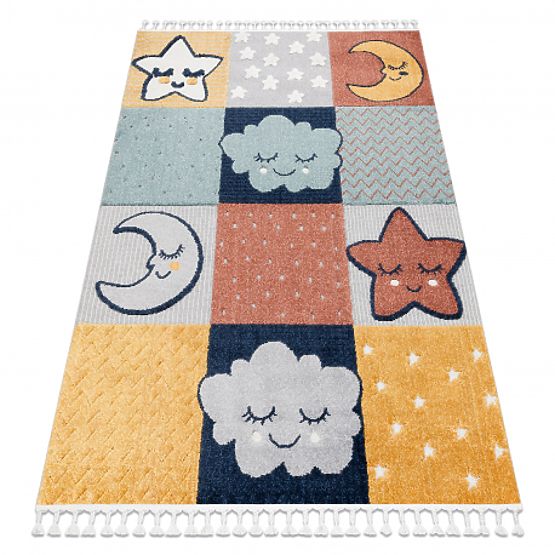 Tapis YOYO GD52 gris / jaune - étoiles, nuages, patchwork pour enfants, structurel, sensoriel Frange