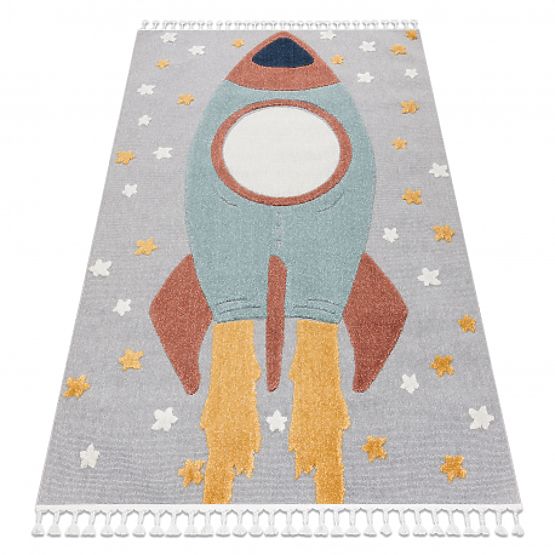 Tapis YOYO GD55 gris / bleu - étoiles, fusée pour enfants, structurel, sensoriel Franges