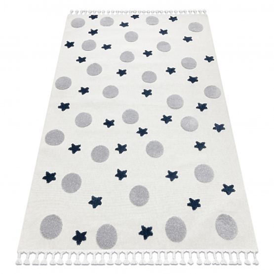 Tapis YOYO GD75 blanc / gris - étoiles, cercles pour enfants, structurel, sensoriel Franges