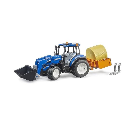 Tracteur Bruder New Holland T5.120 avec chargeur frontal, benne, fourches et balle ronde