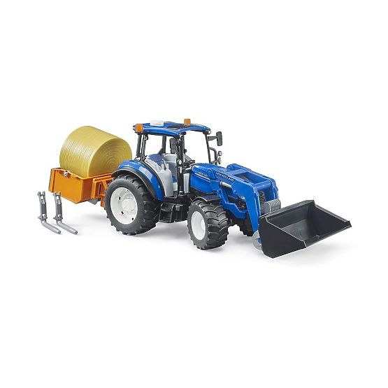 Tracteur Bruder New Holland T5.120 avec chargeur frontal, benne, fourches et balle ronde