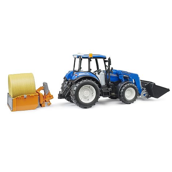 Tracteur Bruder New Holland T5.120 avec chargeur frontal, benne, fourches et balle ronde