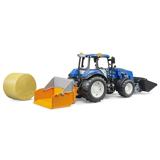 Tracteur Bruder New Holland T5.120 avec chargeur frontal, benne, fourches et balle ronde