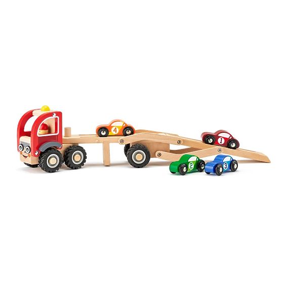 Transporteur en bois avec 4 petites voitures de course
