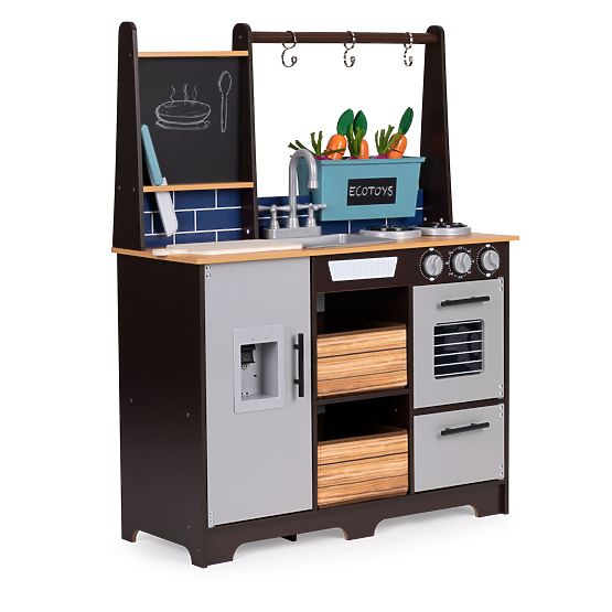 Grande cuisine en bois pour enfants avec stand de légumes et accessoires ECOTOYS