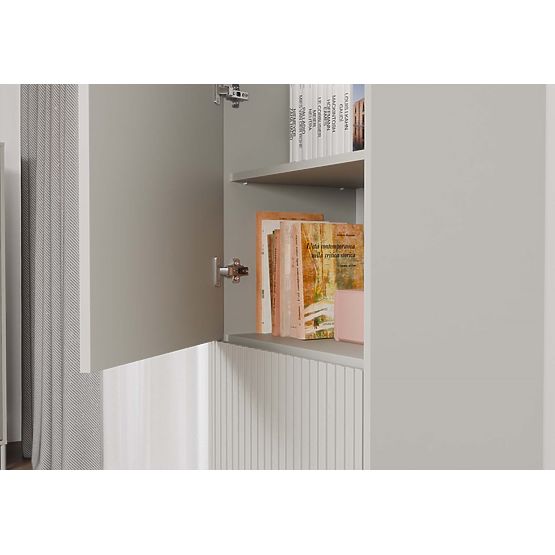 Vitrine KAMARO 2DK SLIM/LISSE CACHEMIRE Lamelé Strié + Panneau Frontal Classique