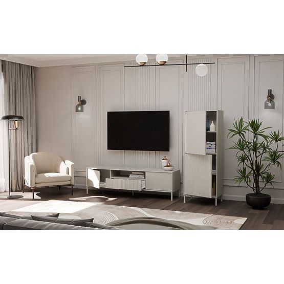 Vitrine KAMARO 2DK SLIM/LISSE CACHEMIRE Lamelé Strié + Panneau Frontal Classique