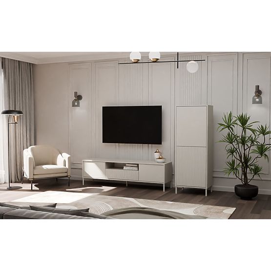 Vitrine KAMARO 2DK SLIM/LISSE CACHEMIRE Lamelé Strié + Panneau Frontal Classique