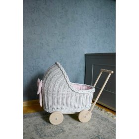 Poussette en osier pour poupées - blanc-rose, Ourbaby