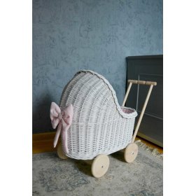 Poussette en osier pour poupées - blanc-rose, Ourbaby