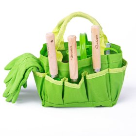 Bigjigs Toys Ensemble d'outils de jardin dans un sac en toile vert, Bigjigs Toys