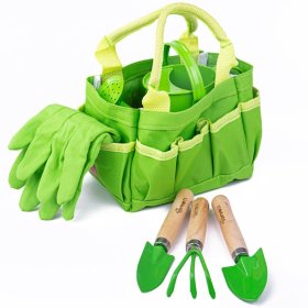 Bigjigs Toys Ensemble d'outils de jardin dans un sac en toile vert, Bigjigs Toys