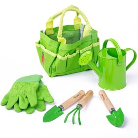 Bigjigs Toys Ensemble d'outils de jardin dans un sac en toile vert