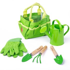 Bigjigs Toys Ensemble d'outils de jardin dans un sac en toile vert, Bigjigs Toys