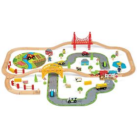 Bigjigs Rail Voie ferrée en bois avec route de campagne 80 pièces