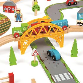 Bigjigs Rail Voie ferrée en bois avec route de campagne 80 pièces