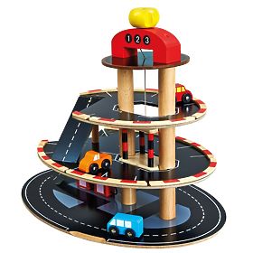 Bino Parking en bois avec ascenseur et 4 petites voitures