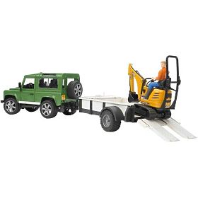 Bruder LAND ROVER + transporteur, micro-pelle JCB