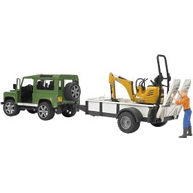 Bruder LAND ROVER + transporteur, micro-pelle JCB