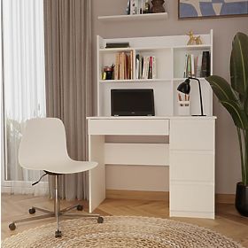 Bureau MIJAS Droit avec Surélévation Blanc Mat 4 Tiroirs 4 Étagères Pour Bureau Chambre