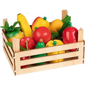 Fruits et légumes en bois dans une cagette