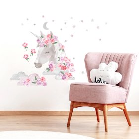 Sticker mural Licorne avec fleurs - rose