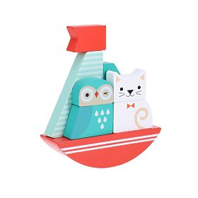 Petit Collage Tour à empiler en bois Hibou et chaton