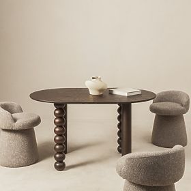 Table extensible Bolla 140-200 cm, placage de chêne, noyer, pied décoratif avec boules, plateau oval