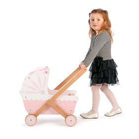 Tidlo Poussette en bois pour poupées rose