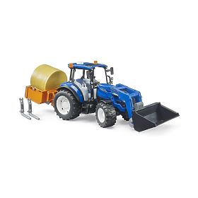 Tracteur Bruder New Holland T5.120 avec chargeur frontal, benne, fourches et balle ronde
