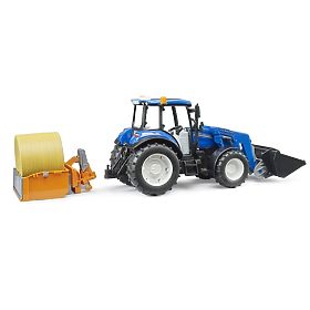 Tracteur Bruder New Holland T5.120 avec chargeur frontal, benne, fourches et balle ronde