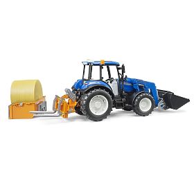 Tracteur Bruder New Holland T5.120 avec chargeur frontal, benne, fourches et balle ronde