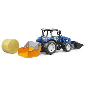 Tracteur Bruder New Holland T5.120 avec chargeur frontal, benne, fourches et balle ronde