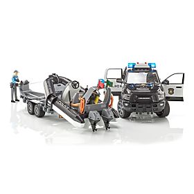 Voiture de police Bruder RAM avec bateau et deux figurines
